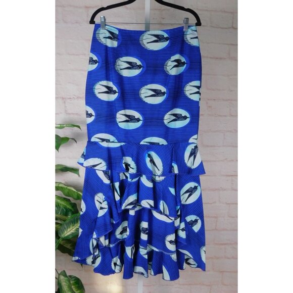 Handmade Bold Blue Bird Print Ruffle Hem Maxi Skirt Size Small - Picture 1 of 9